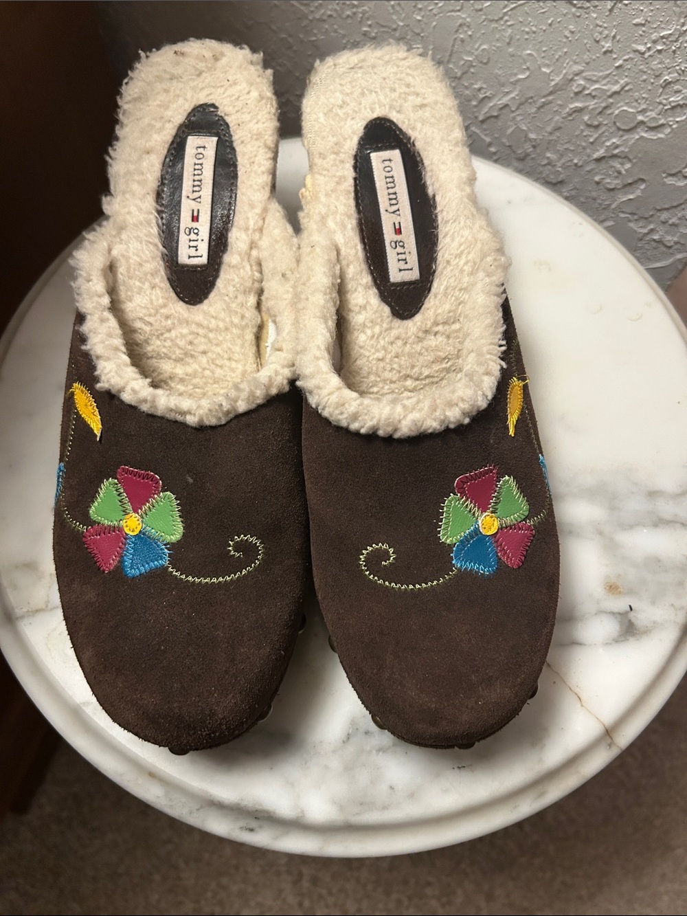 Tommy Girl Brown Suede Faux-Fur Slip-On Clogs with Colorful Floral Embroidery.10